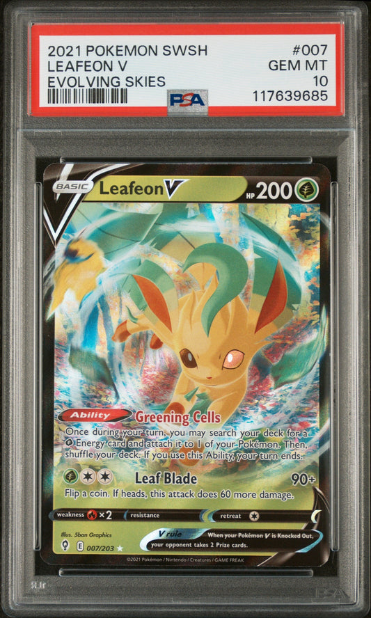 Graded 2021 Pokemon Evolving Skies Leafeon V #007 Trading Card Game PSA 10 Gem Mint