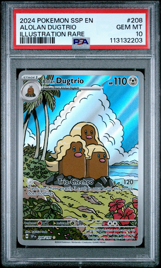 Graded 2024 Pokemon Alolan Dugtrio #208 Surging Sparks Trading Card Game PSA 10 Gem Mint