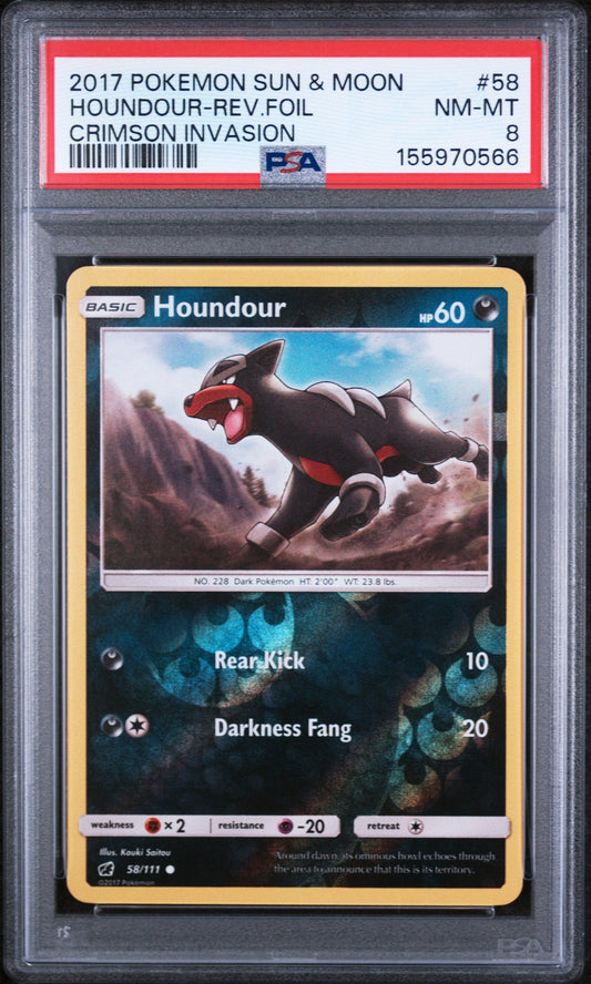 Graded 2017 Pokemon Sun & Moon Crimson Invasion Houndour-Rev.Foil #58 Trading Card Game PSA 8 Near Mint