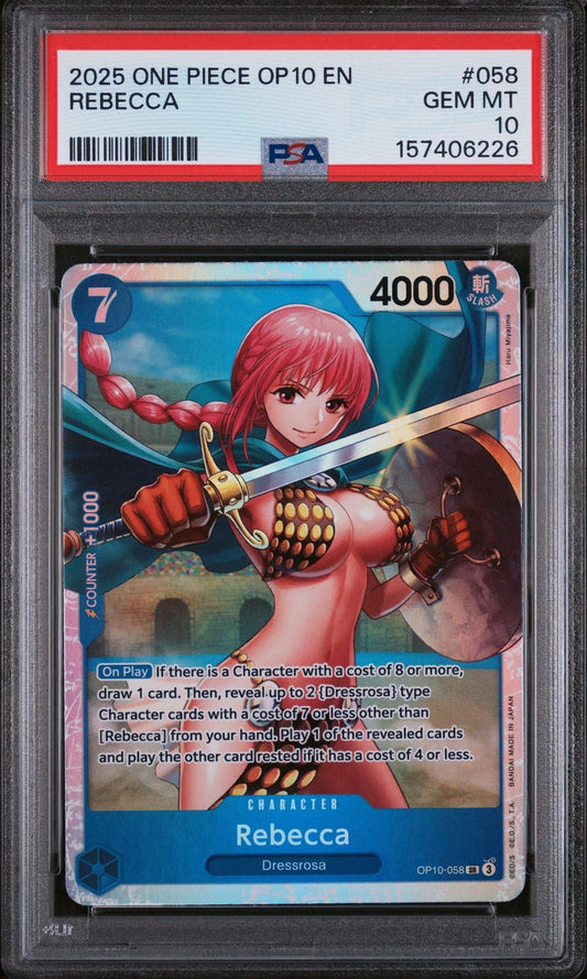 Graded 2025 One Piece Rebecca #058 OP10 Trading Card Game PSA 10 Gem Mint