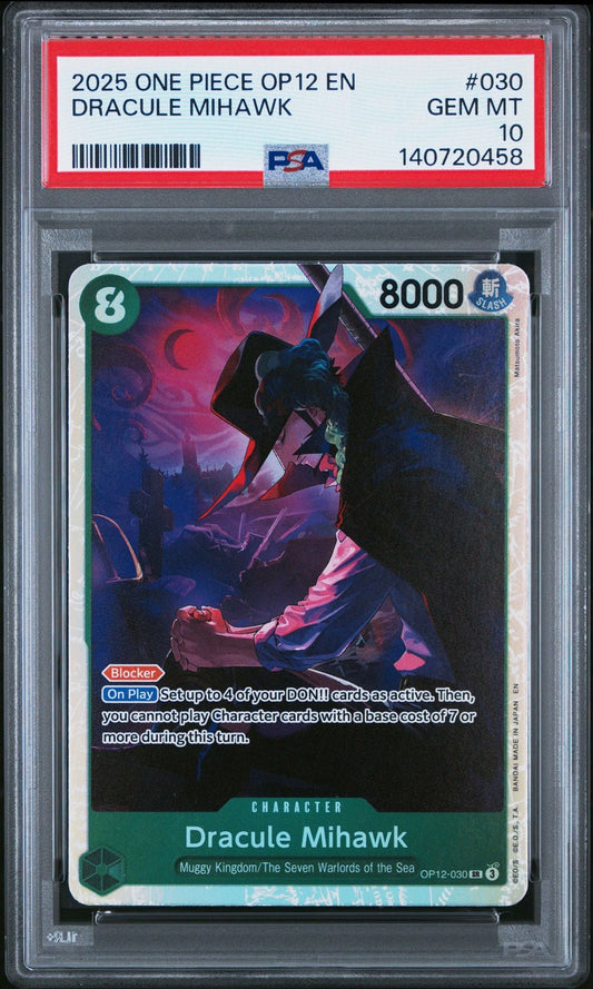 Graded 2025 One Piece Dracule Mihawk #030 OP12 Trading Card Game PSA 10 Gem Mint